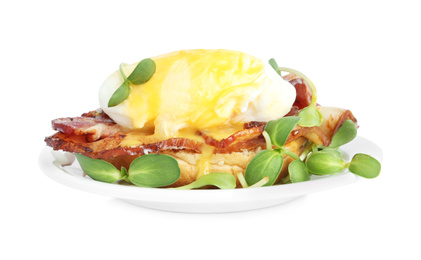 Tasty egg Benedict with sprouts isolated on white