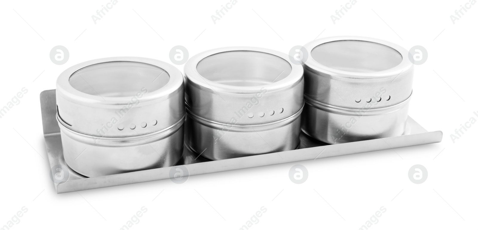 Photo of Set of magnetic containers for spices isolated on white