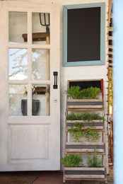 Photo of Wooden rack with home plants near shop outdoors