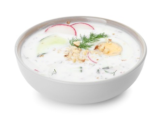 Photo of Delicious cold summer soup on white background