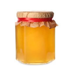 Photo of Tasty honey in glass jar isolated on white