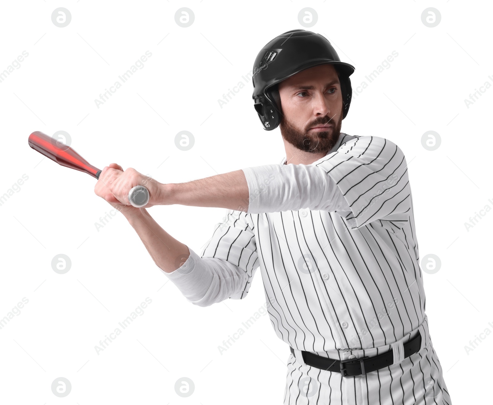 Photo of Baseball player taking swing with bat on white background