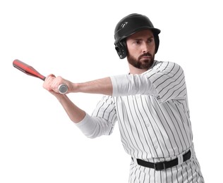 Photo of Baseball player taking swing with bat on white background