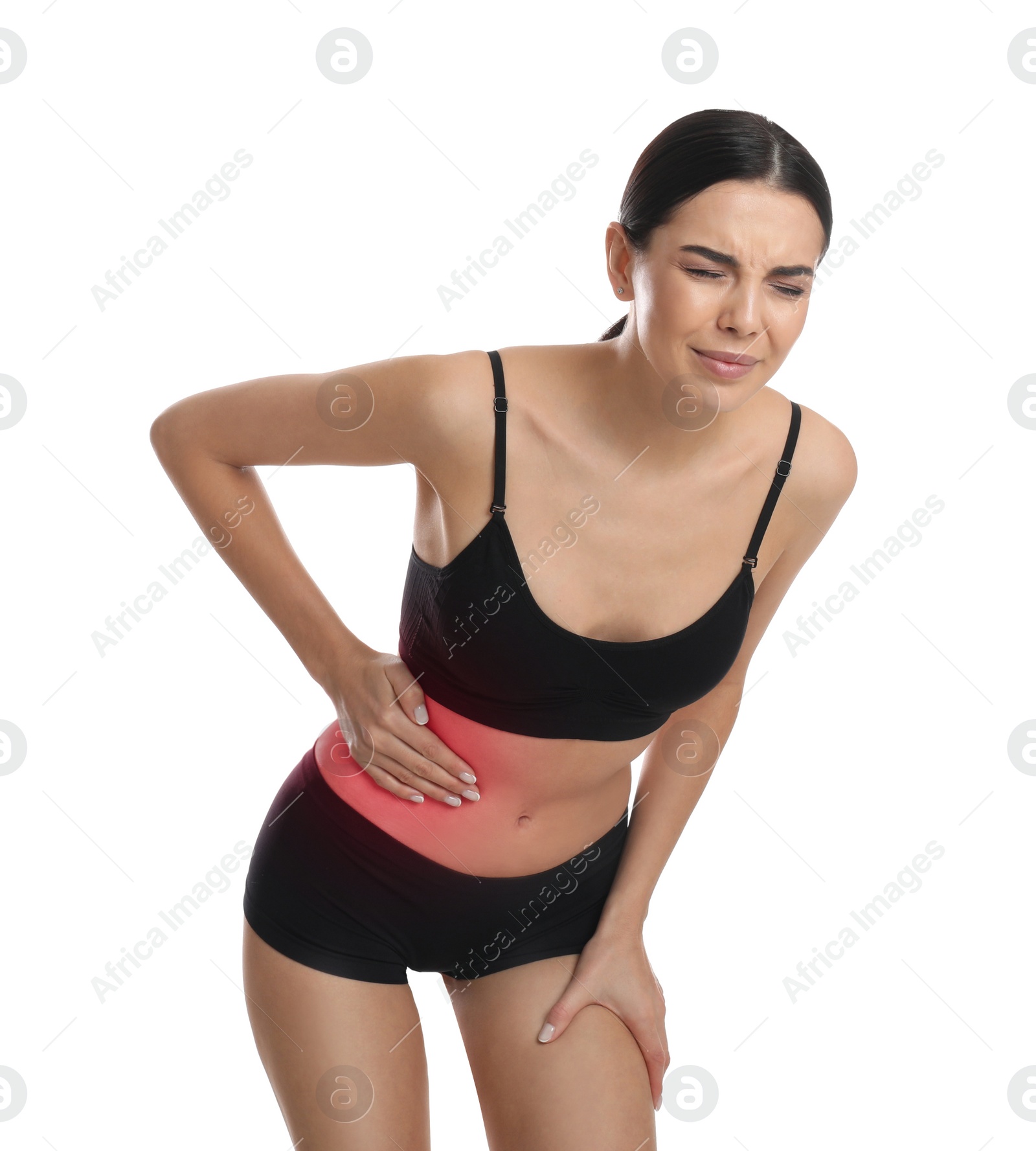 Photo of Woman suffering from liver pain on white background