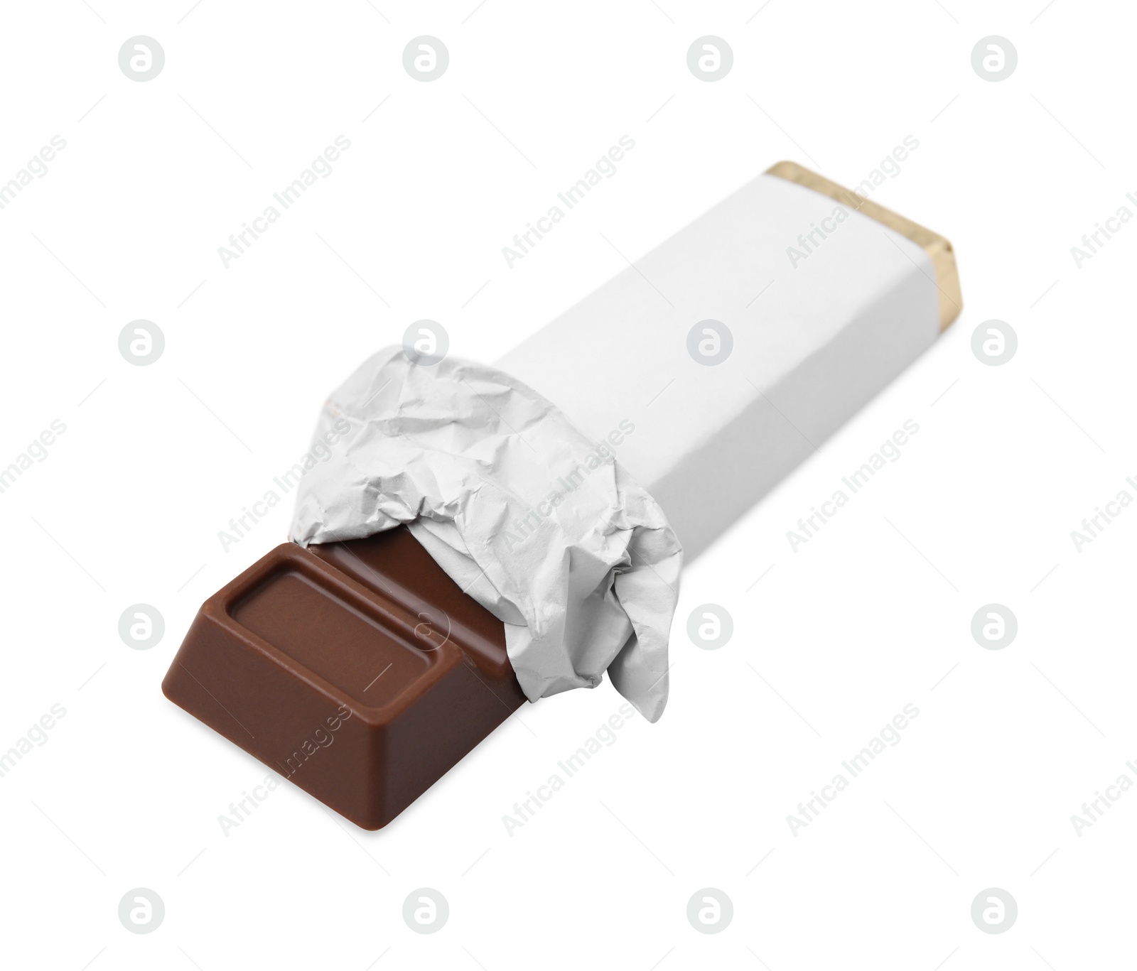 Photo of Tasty chocolate bar in package isolated on white