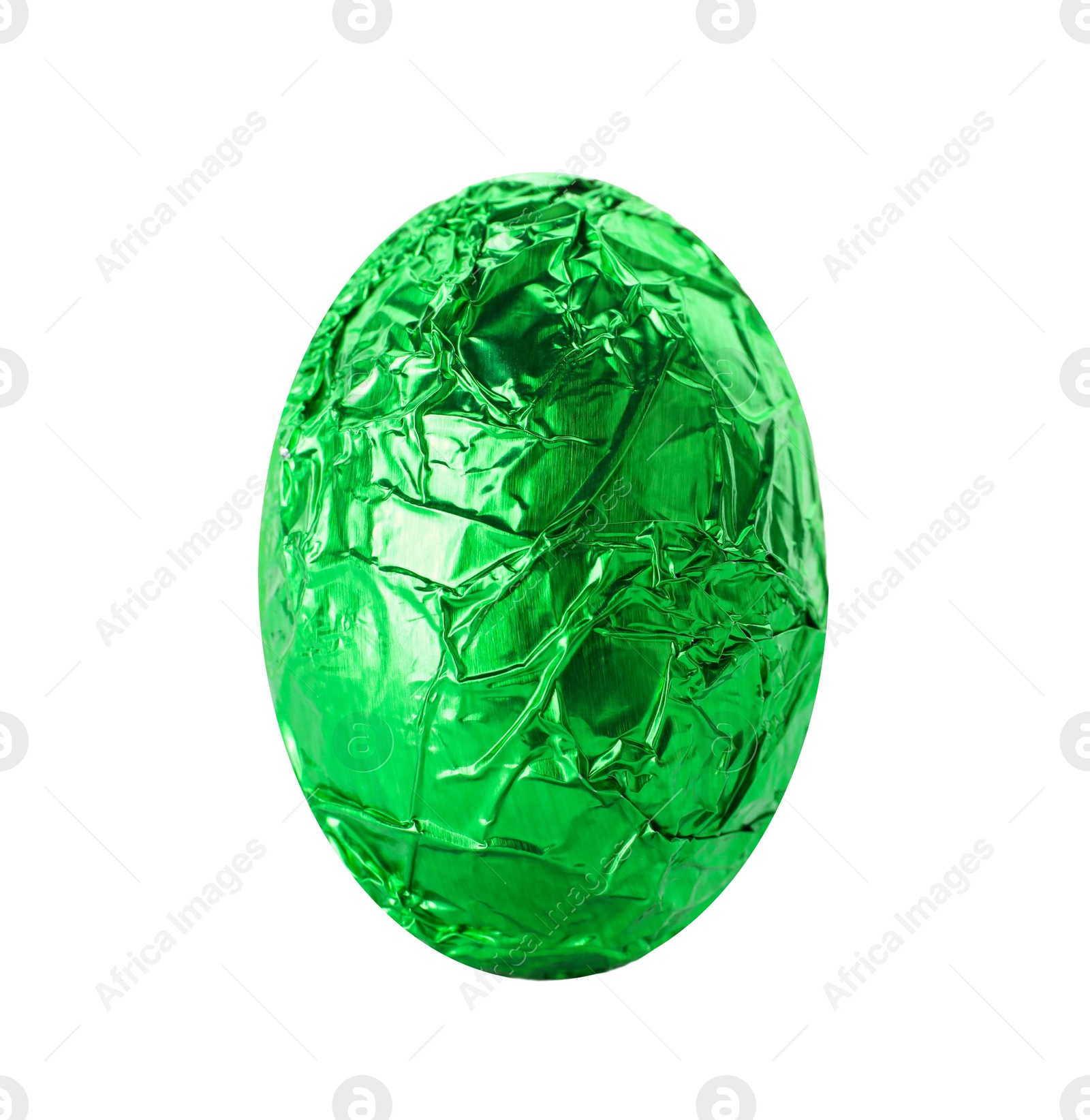 Photo of Chocolate egg wrapped in bright green foil isolated on white