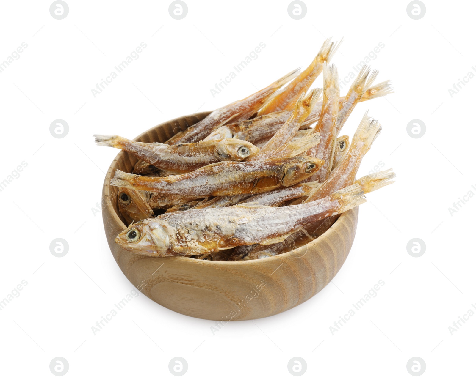 Photo of Delicious dried salted anchovies on white background