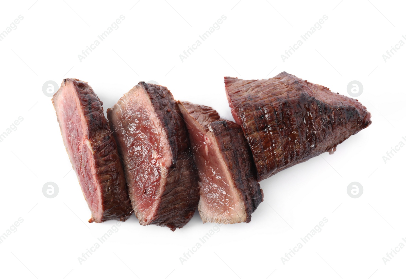 Photo of Delicious beef tenderloin sliced isolated on white, top view