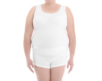 Overweight woman on white background, closeup. Weight loss