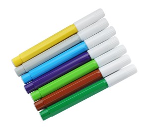 Many different colorful markers on white background, top view