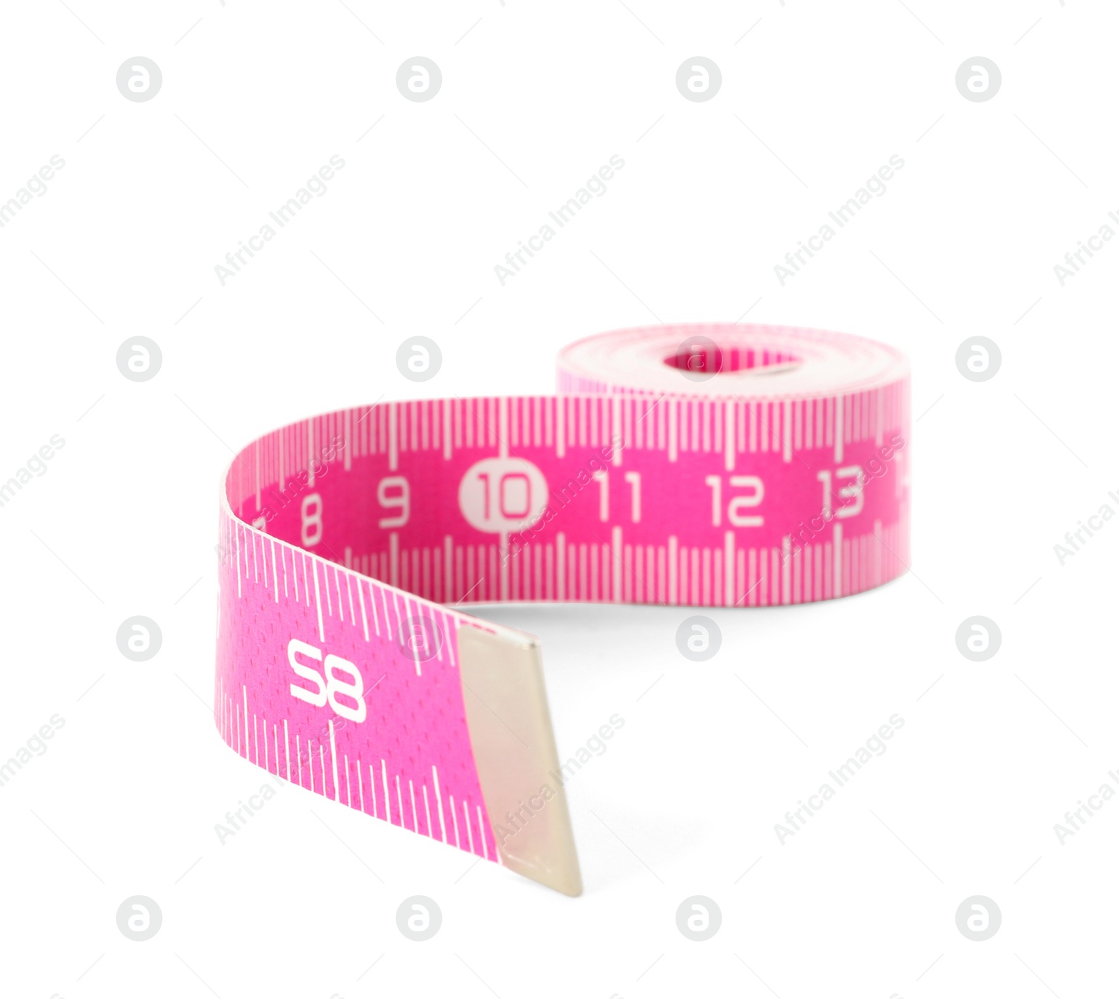 Photo of New pink measuring tape isolated on white