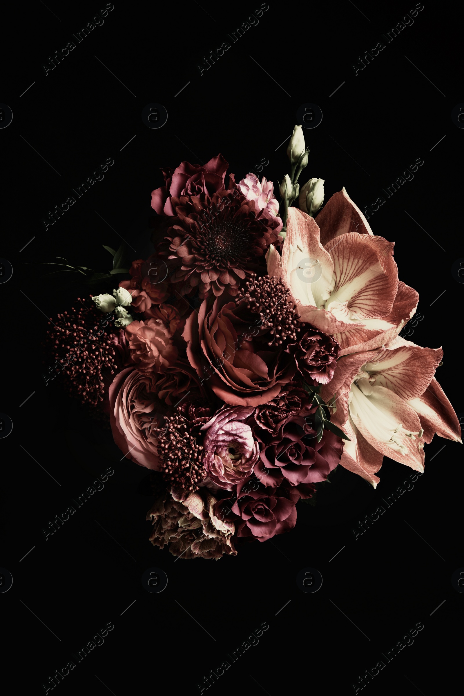 Photo of Beautiful bouquet of different flowers on black background. Floral card design with dark vintage effect