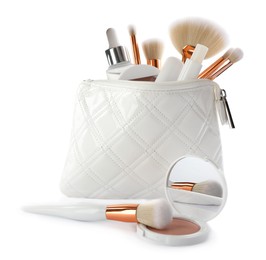 Different decorative cosmetic products and brushes on white background