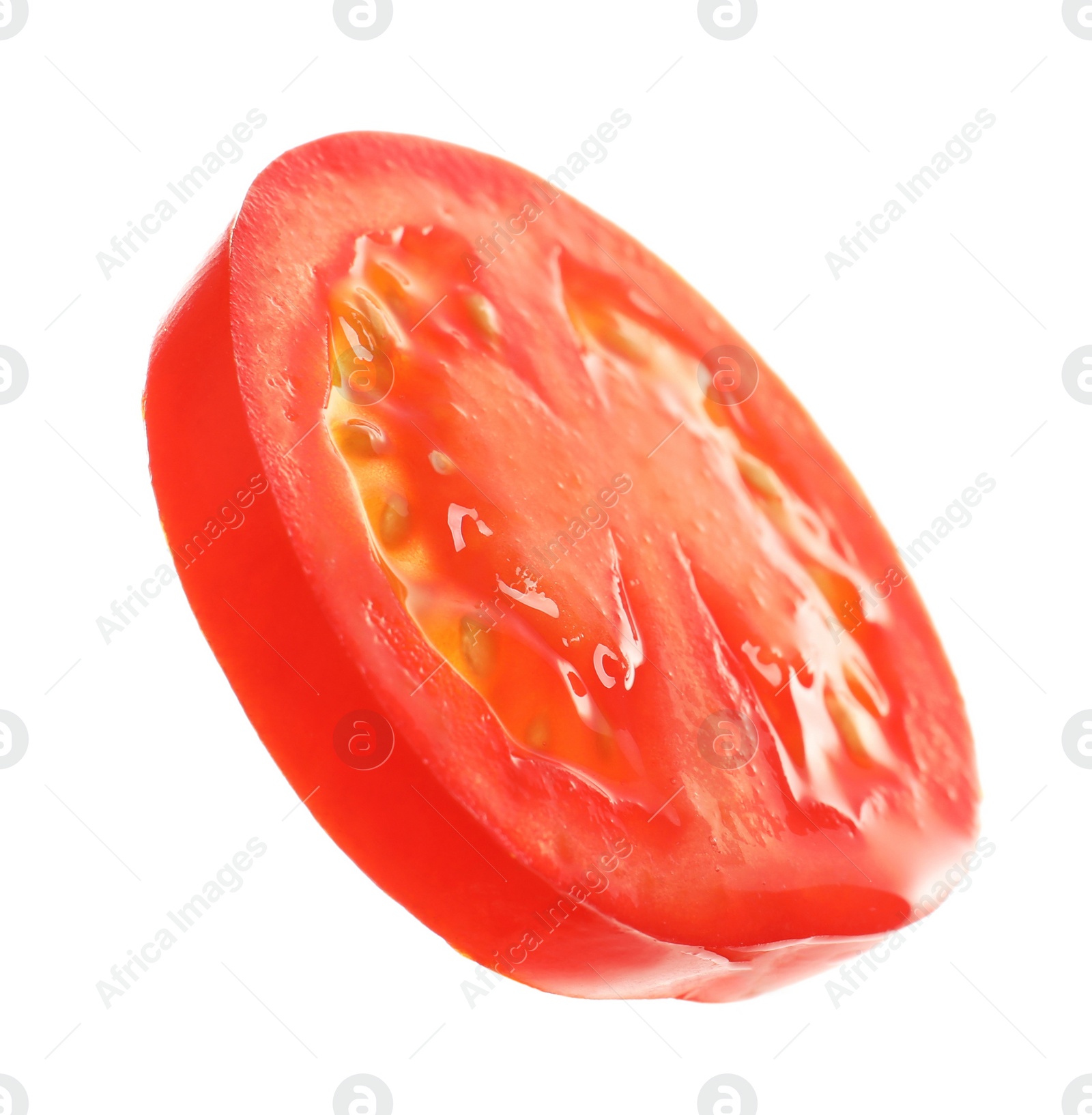 Photo of Slice of fresh cherry tomato isolated on white