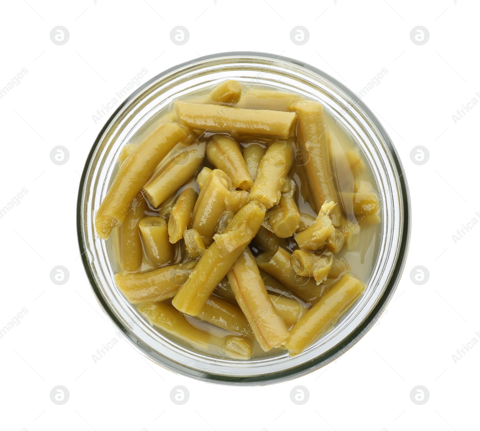 Photo of Canned green beans in jar isolated on white, top view