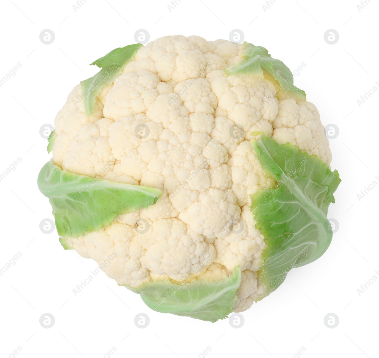 Photo of Whole fresh raw cauliflower isolated on white, top view