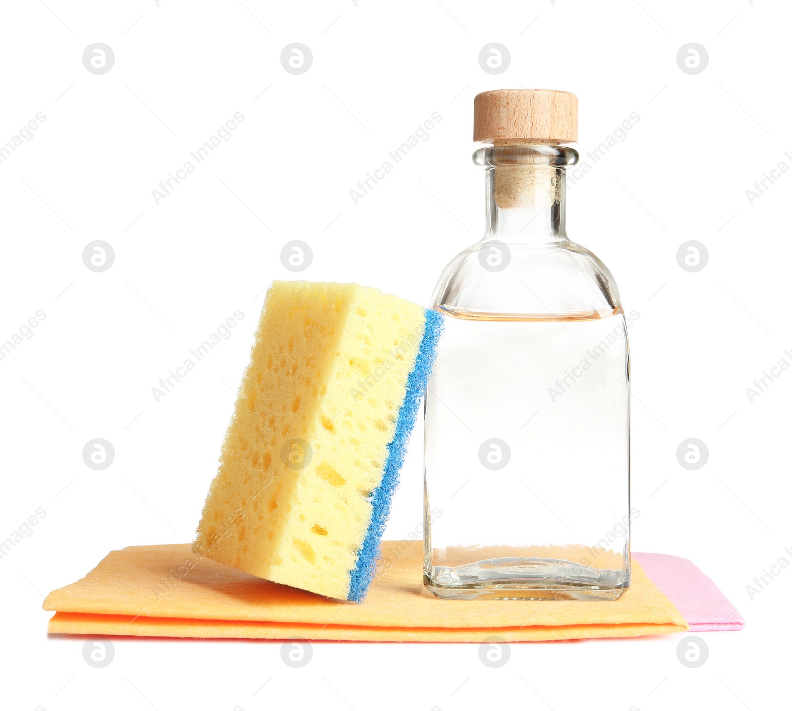 Photo of Composition with vinegar and cleaning supplies on white background