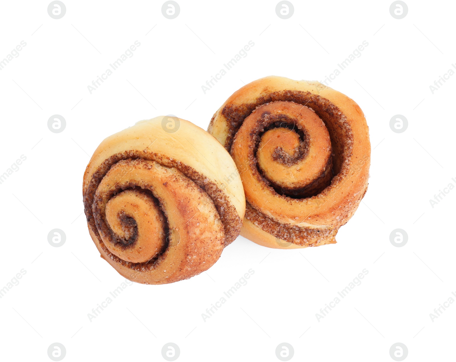 Photo of Fresh tasty cinnamon rolls isolated on white, top view