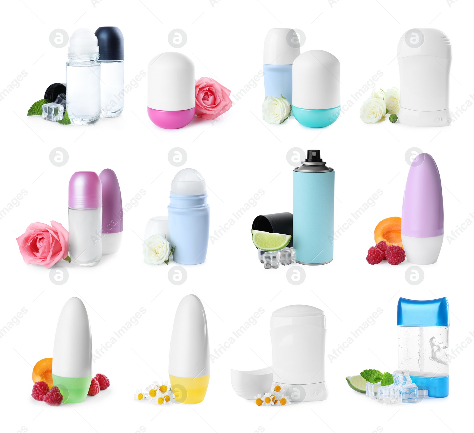 Image of Set of different deodorants with ingredients on white background