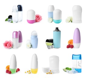 Set of different deodorants with ingredients on white background