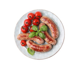 Photo of Plate with tasty homemade sausages, basil leaves and tomatoes on white background, top view