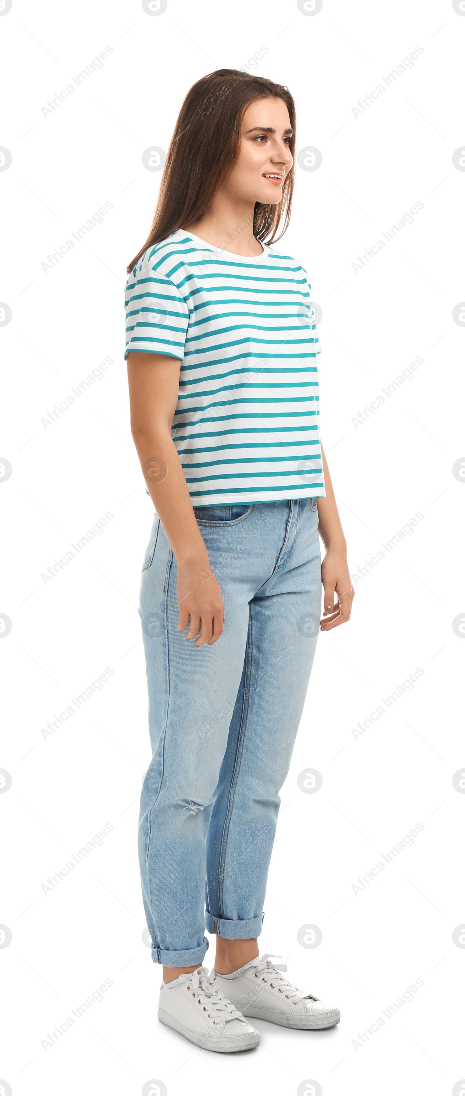 Photo of Full length portrait of beautiful young woman on white background