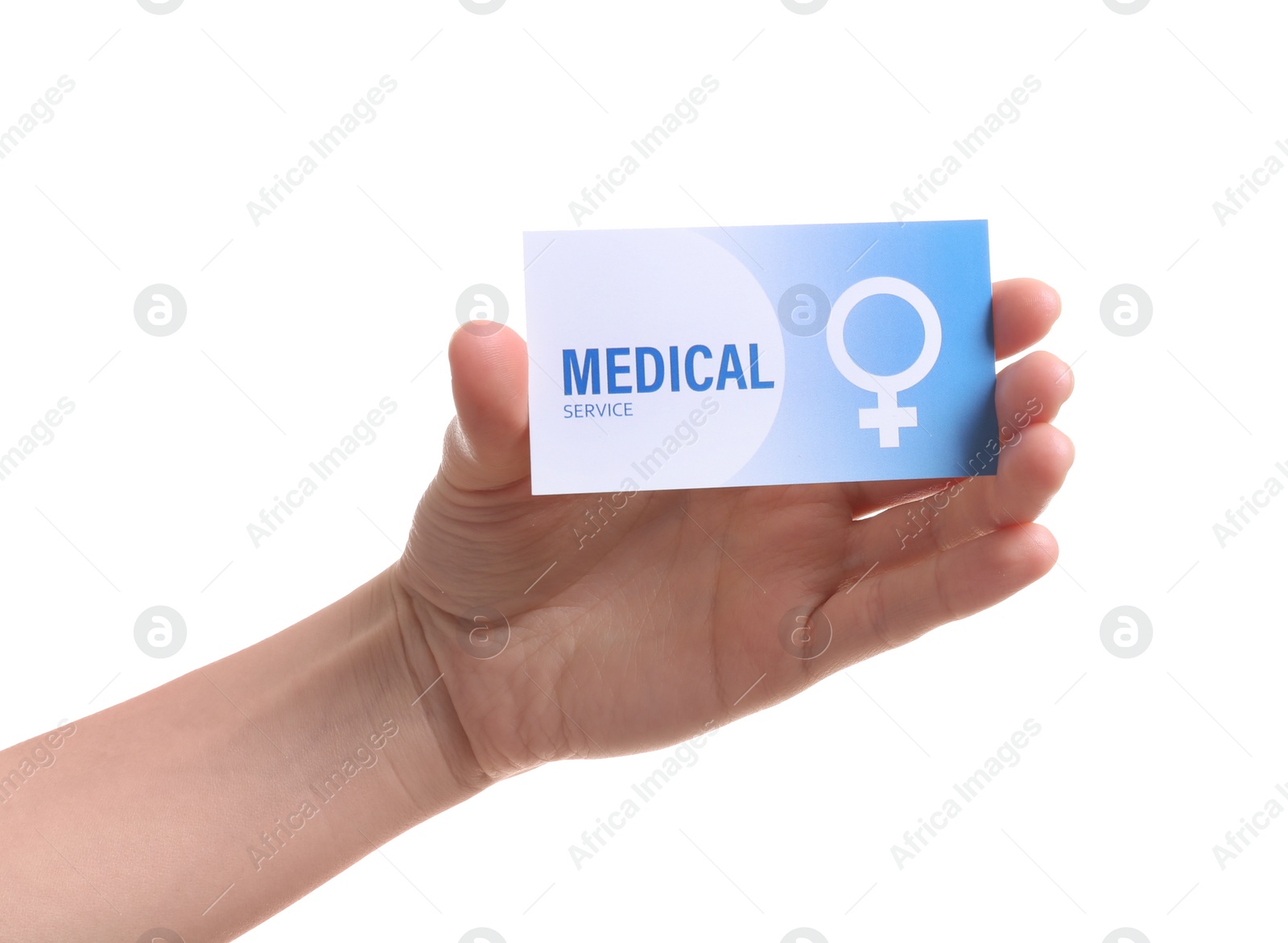 Photo of Girl holding medical business card isolated on white, closeup. Women's health service