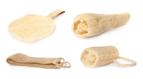 Image of Set with natural shower loofah sponges on white background