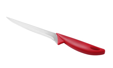 Sharp boning knife with red handle isolated on white