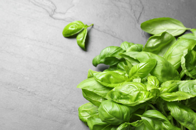 Photo of Fresh basil leaves on grey table, top view. Space for text