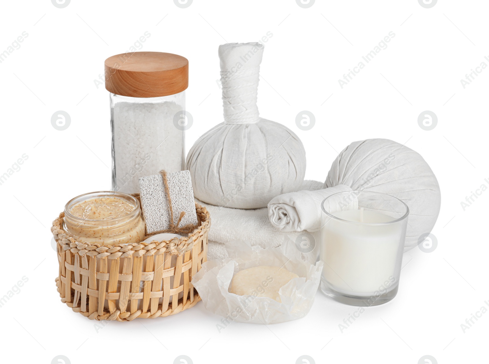 Photo of Beautiful spa composition with different body care products isolated on white