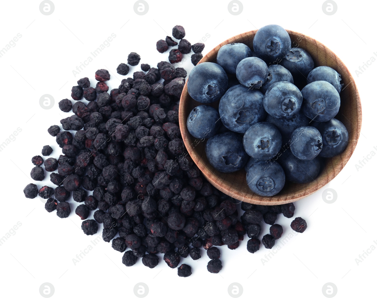 Photo of Sweet sublimated and fresh blueberries on white background, top view