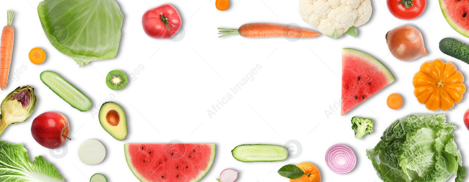 Image of Frame of many vegetables and fruits on white background, top view