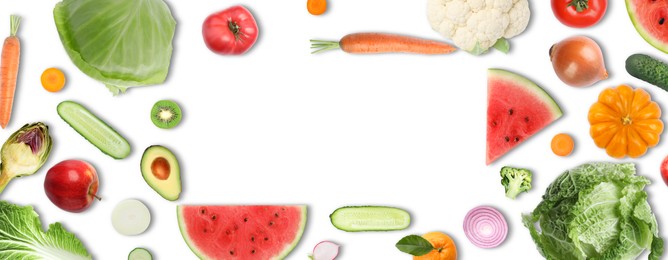 Frame of many vegetables and fruits on white background, top view