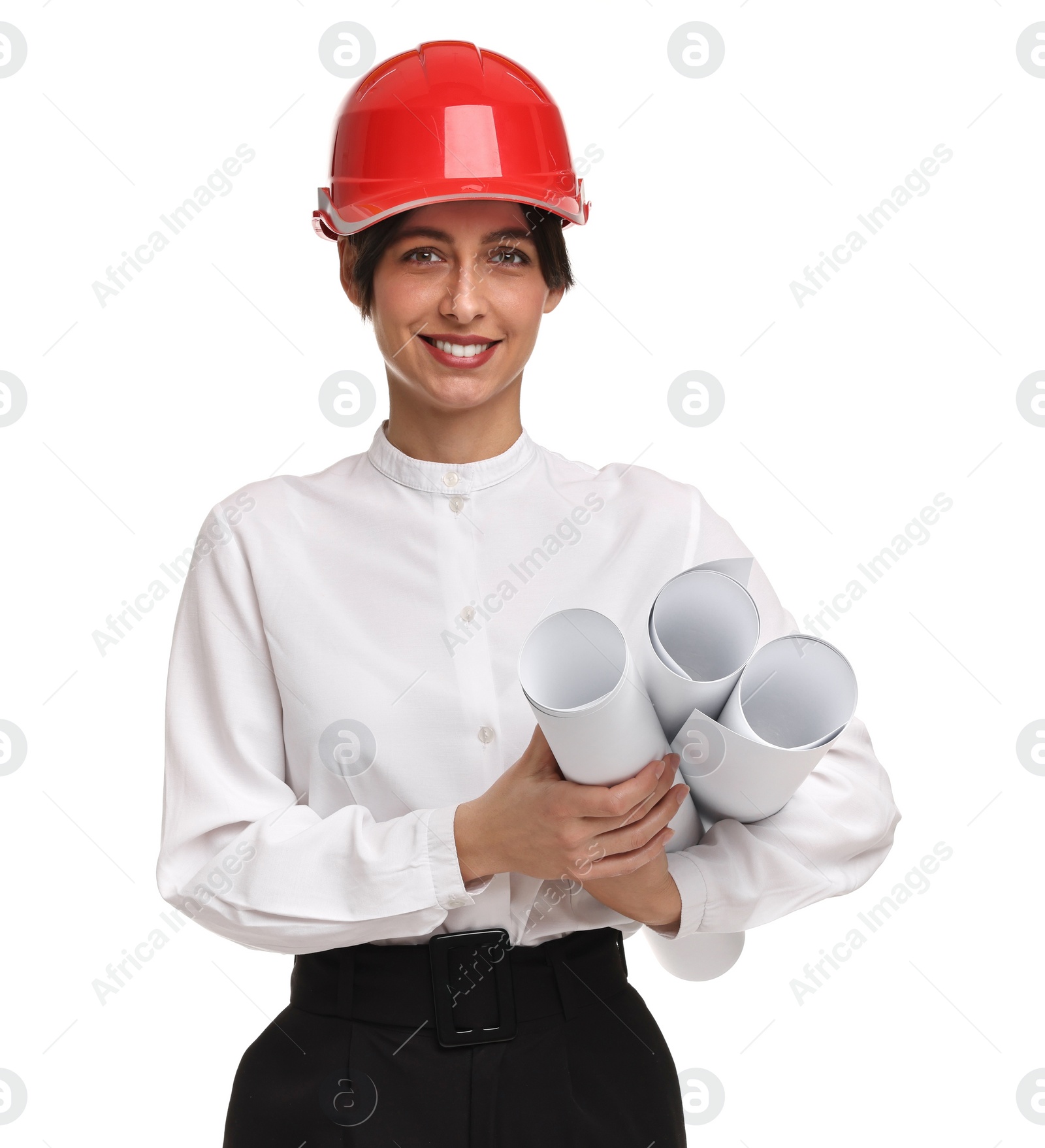 Photo of Architect with hard hat and drafts on white background