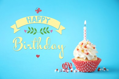 Image of Happy Birthday! Delicious birthday cupcake with candle on light blue background