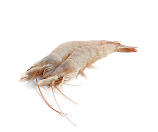 Photo of Fresh raw shrimps isolated on white. Healthy seafood