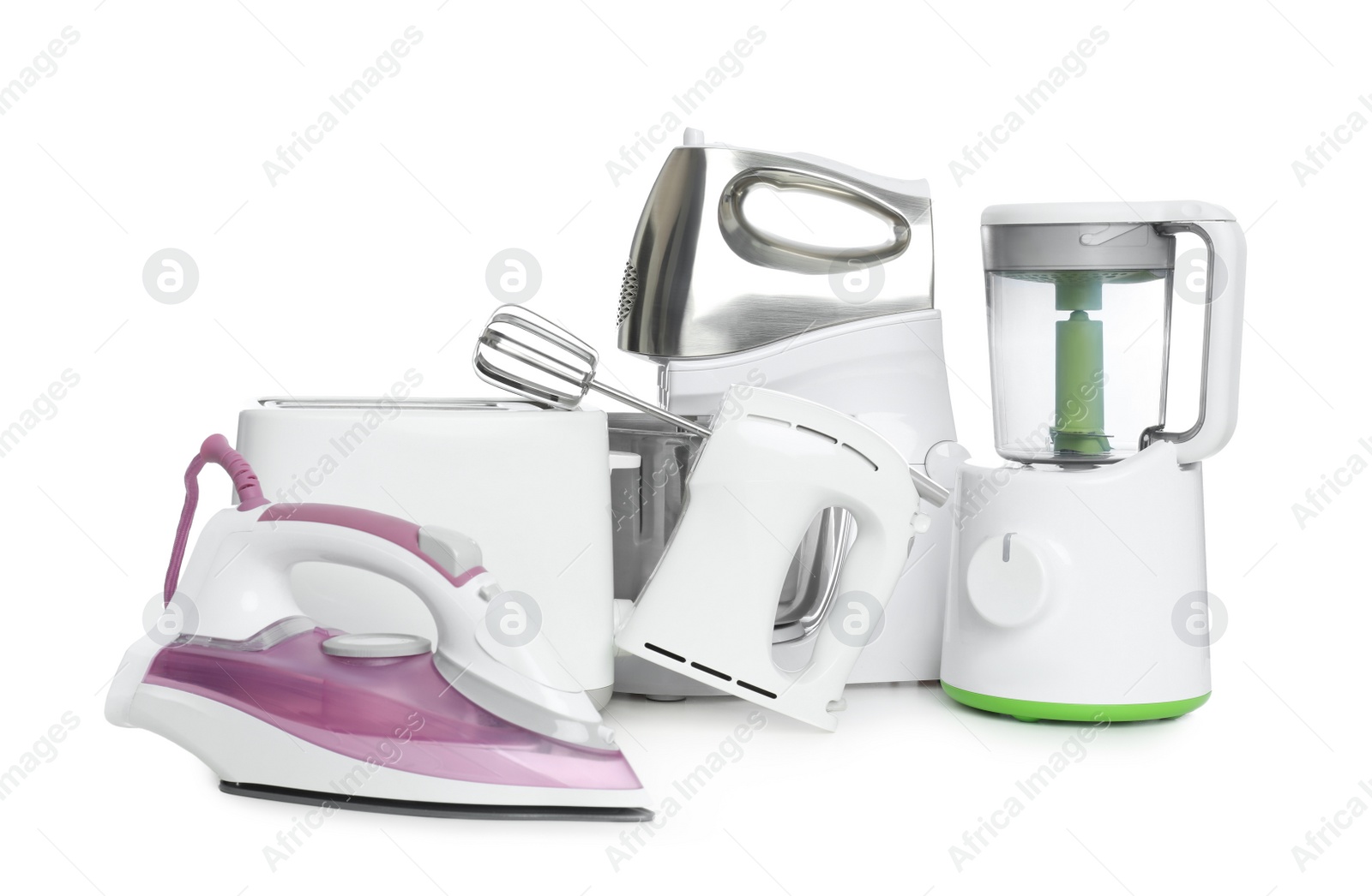 Photo of Set of modern home appliances isolated on white