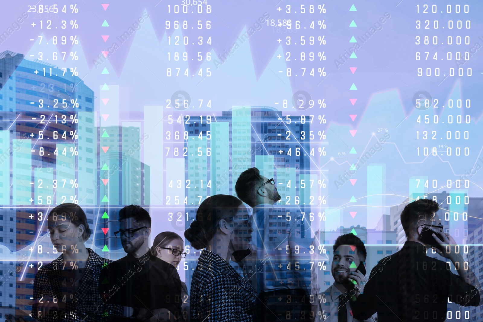 Image of Multiple exposure of scheme, cityscape and businesspeople. Fintech concept 