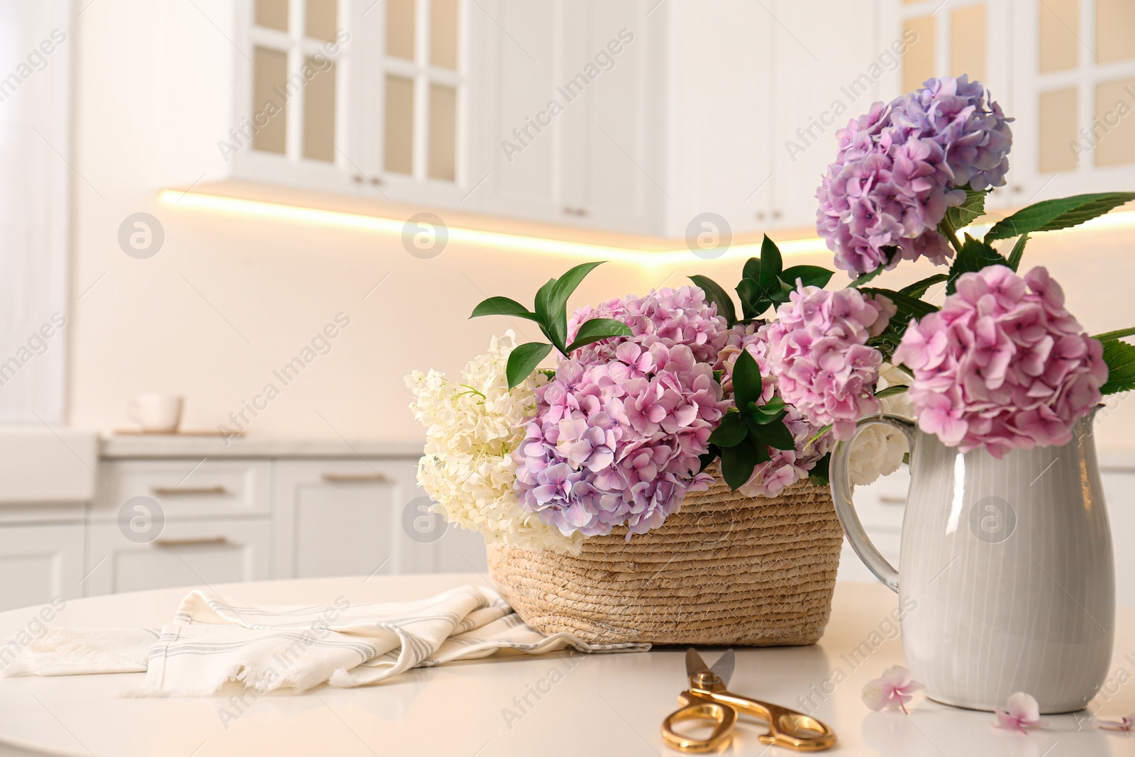 Photo of Beautiful hydrangea flowers and scissors on white table in kitchen, space for text. Interior design