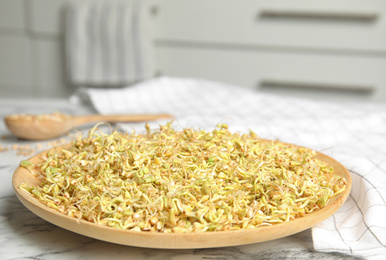 Wooden plate of sprouted green buckwheat on white marble table