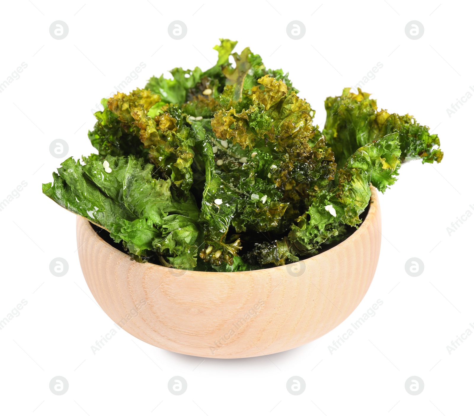 Photo of Tasty baked kale chips isolated on white