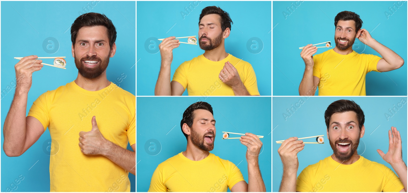 Image of Collage with photos of man eating tasty sushi rolls on light blue background. Banner design