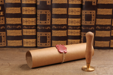 Photo of Notary's public pen and sealed document on wooden table