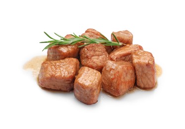 Photo of Pieces of delicious cooked beef and rosemary isolated on white. Tasty goulash