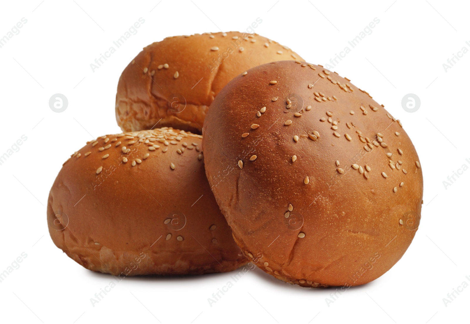 Photo of Fresh tasty buns with sesame seeds isolated on white