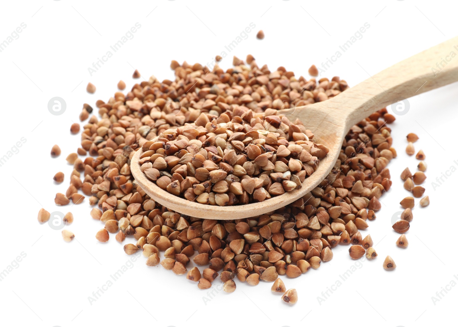 Photo of Raw buckwheat grains on white background. Healthy cereals