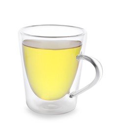 Photo of Fresh green tea in glass mug isolated on white