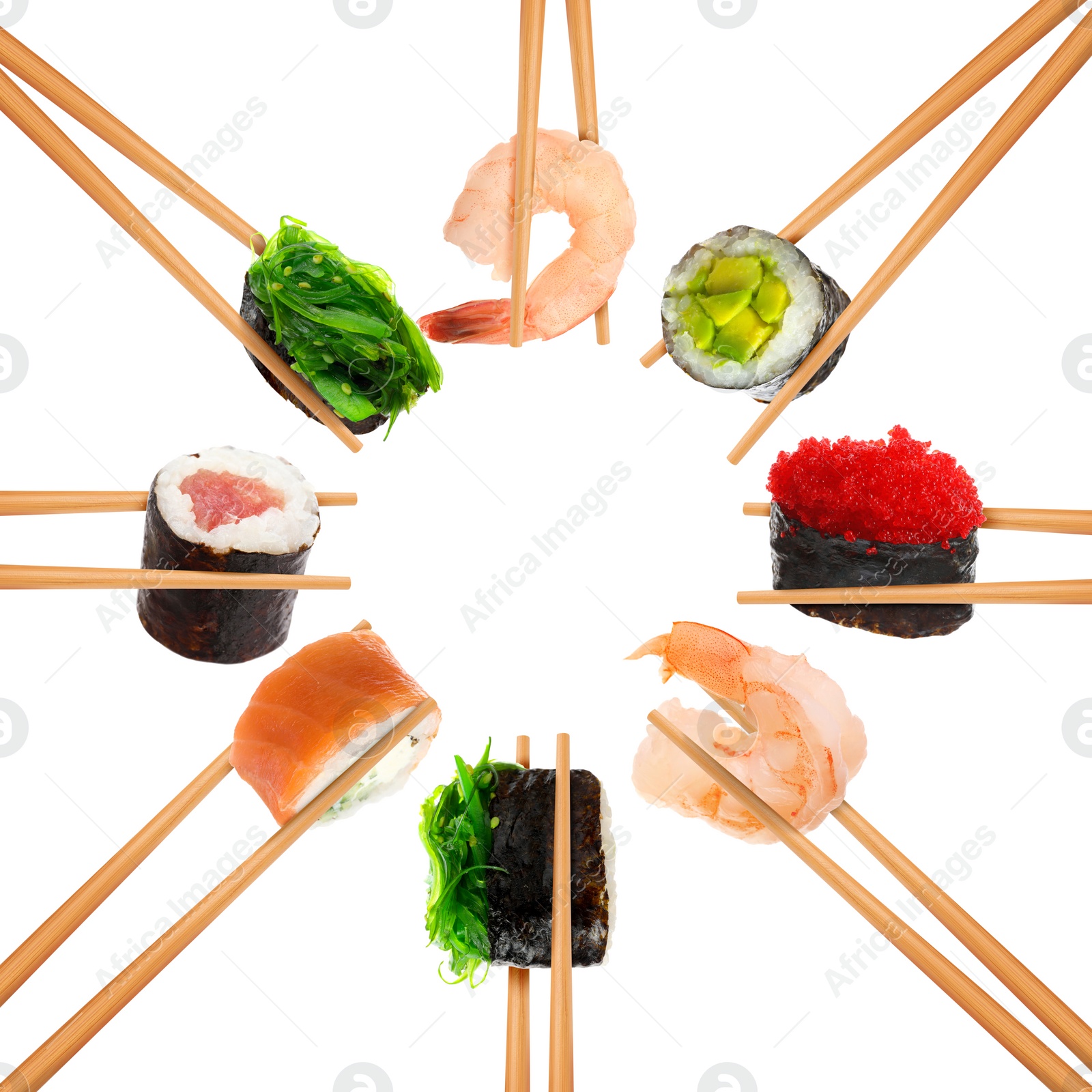 Image of Collage of different sushi rolls and shrimps on white background