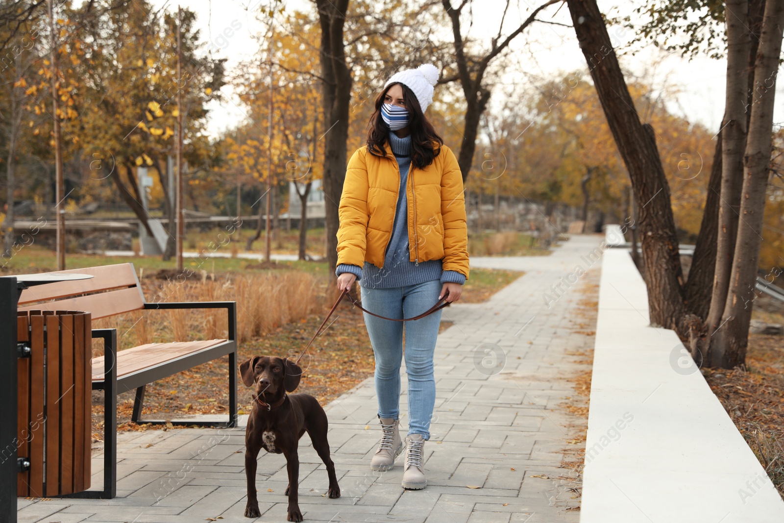 Photo of Woman in protective mask with German Shorthaired Pointer in park. Walking dog during COVID-19 pandemic